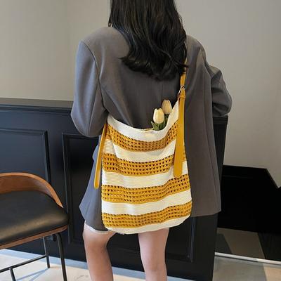 Bag Women's New Contrasting Color Woven Bag Fashionable Hollow Niche Light Luxury Tote Bag Vacation Beach Bag
