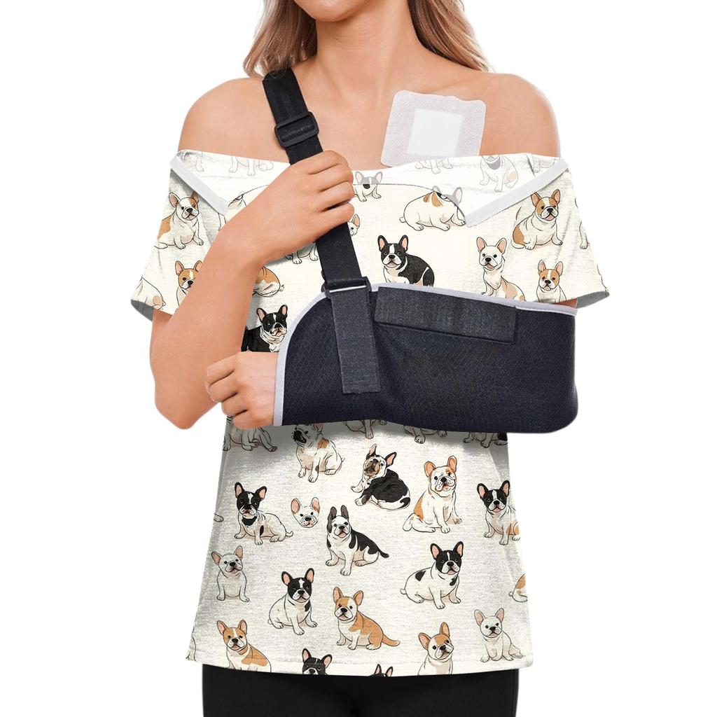 Post Surgery Shirt for Women Animal Print Short Sleeve Top with Shoulder Zipper Side Velcro Closure Comfortable Fit Recovery Wear