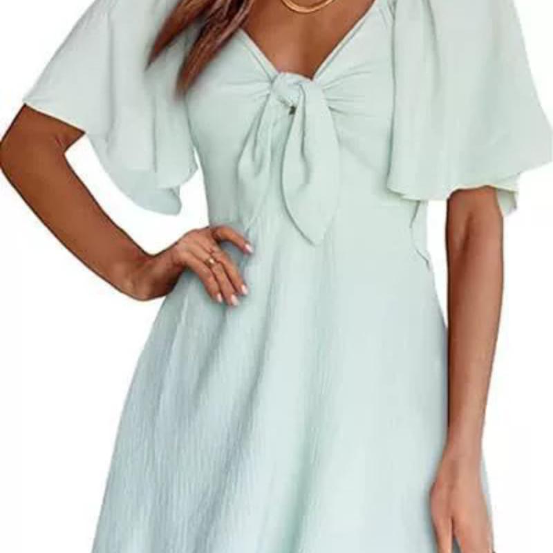

Весна Лето Женское Платье Мини с Коротким Рукавом Элегантное V-образным Вырезом и Бантом Свободное Платье XL циан