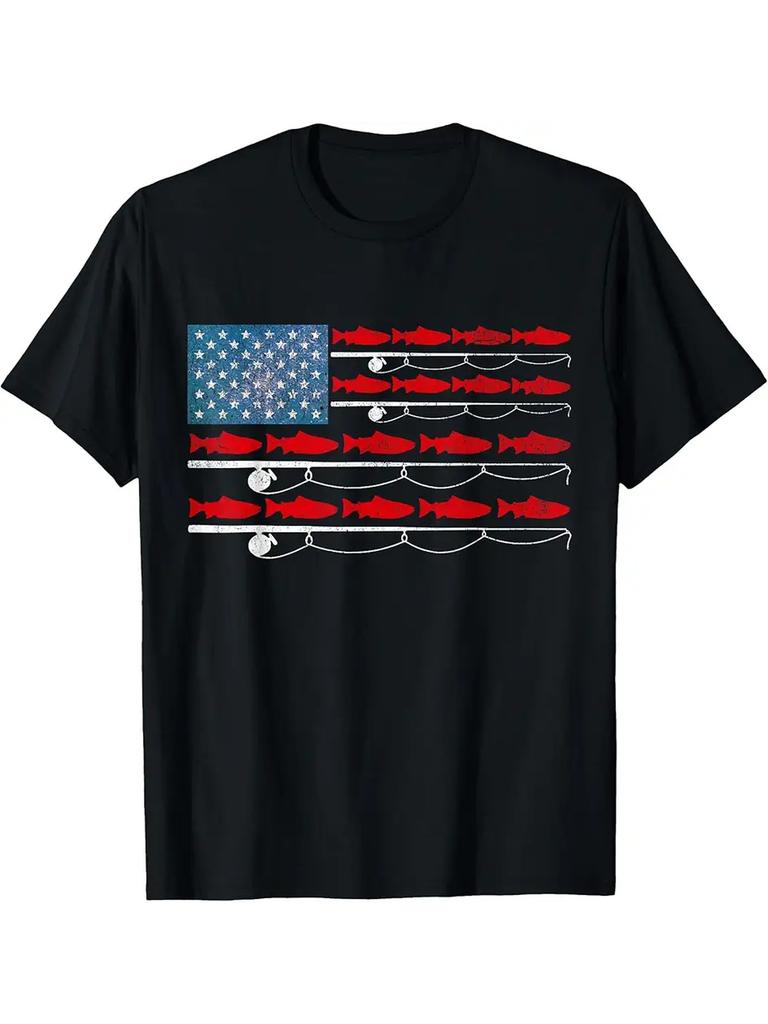 USA Flag Salmon Fishing Poles Patriotic Fisherman Flag TShirtClassic Casual Black Short Sleeves, Round Neck Design, Versatile and Comfortable