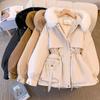 Women Fall Winter Cotton-padded Jacket Pocket  Zipper Hooded Parkas Fleece Warm Long Sleeve Waist Cotton Coat Causal Coat