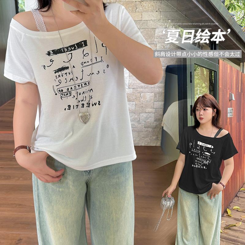 Large size women's street cool style printed T-shirt summer new women's slanted off-shoulder top 262783