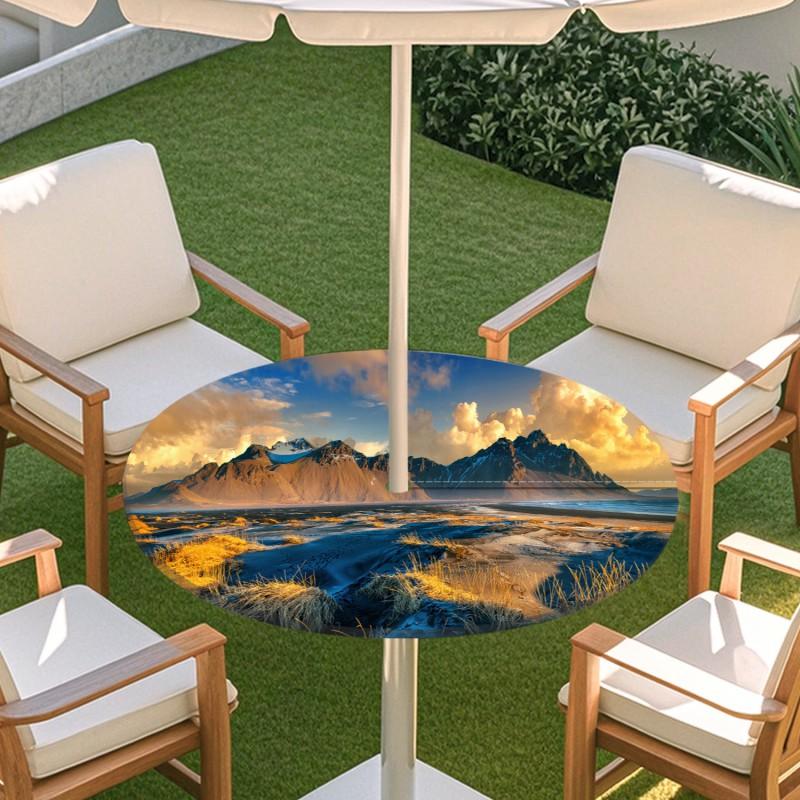 Outdoor Round Table Cover With Nature Print Waterproof Elastic Hem Patio Garden Deck