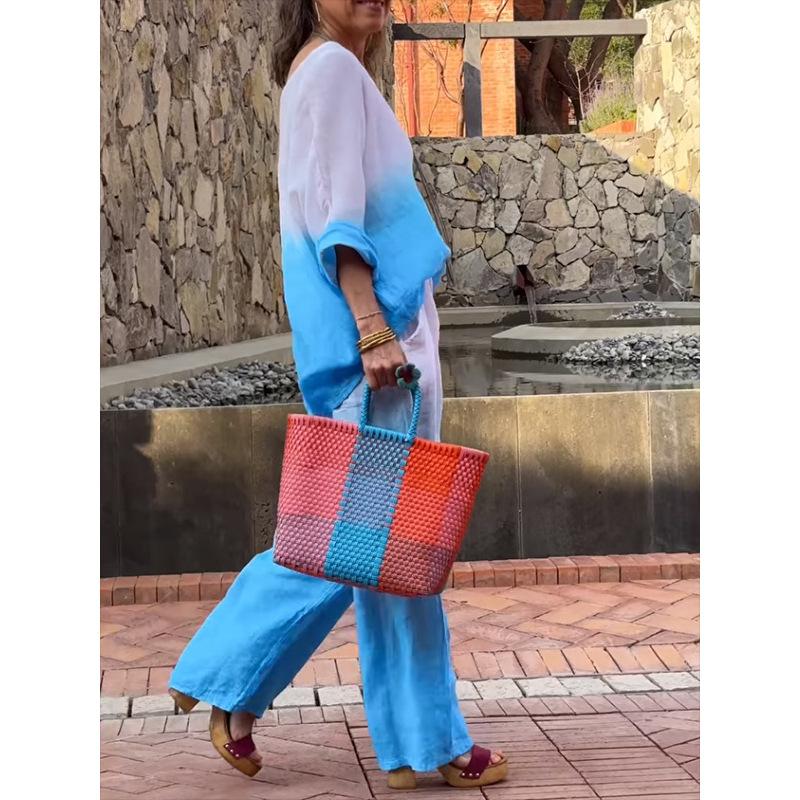 Damen Set Modisches Baumwoll- und Leinen-Verlaufs-Langarm-Rundhals-Oberteil und Gerade Hose Zweiteiler