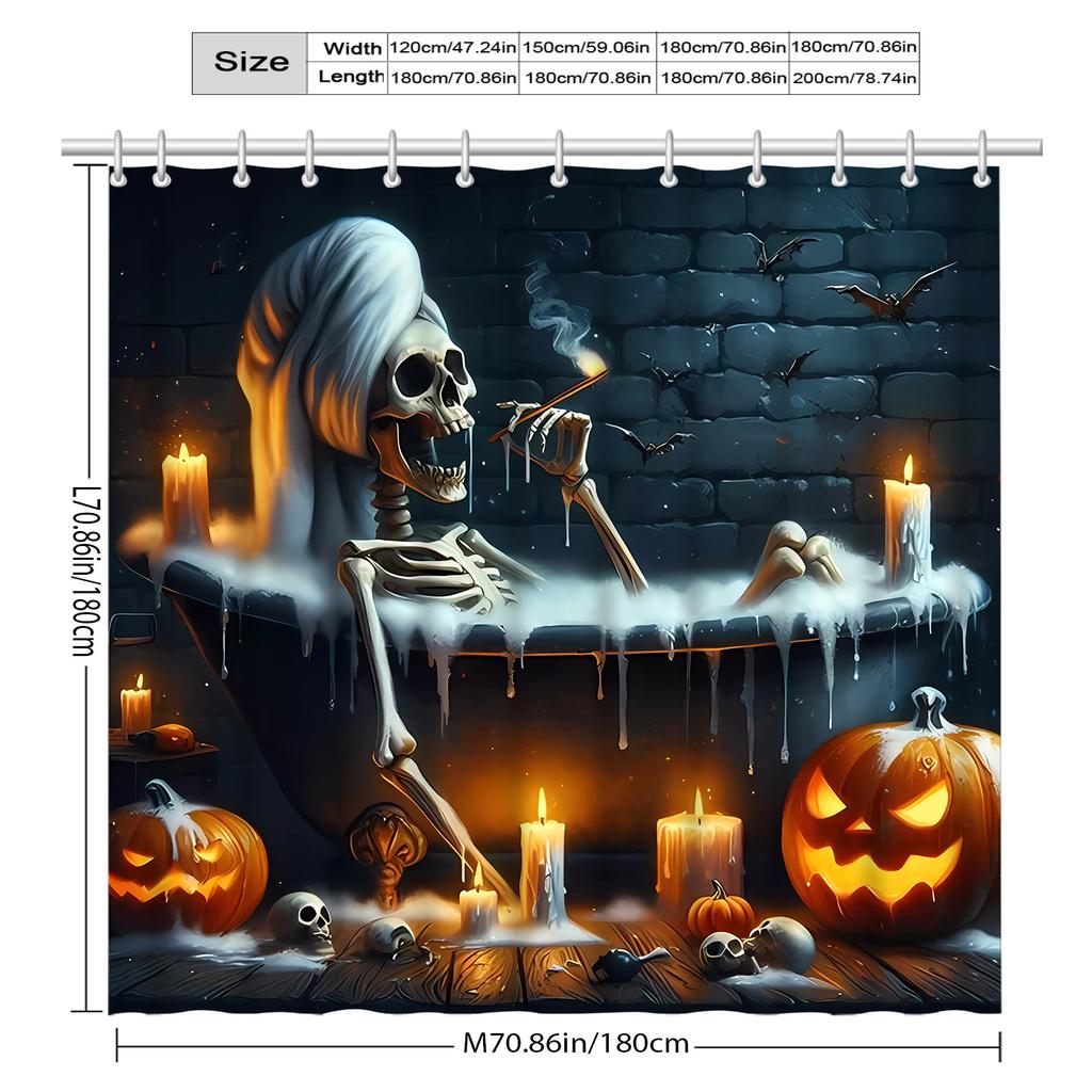 Halloween Skeleton Tub Shower Curtain, Fog-Proof Polyester, Dripping Candles & Jack-o'-Lanterns, All-Season Decor