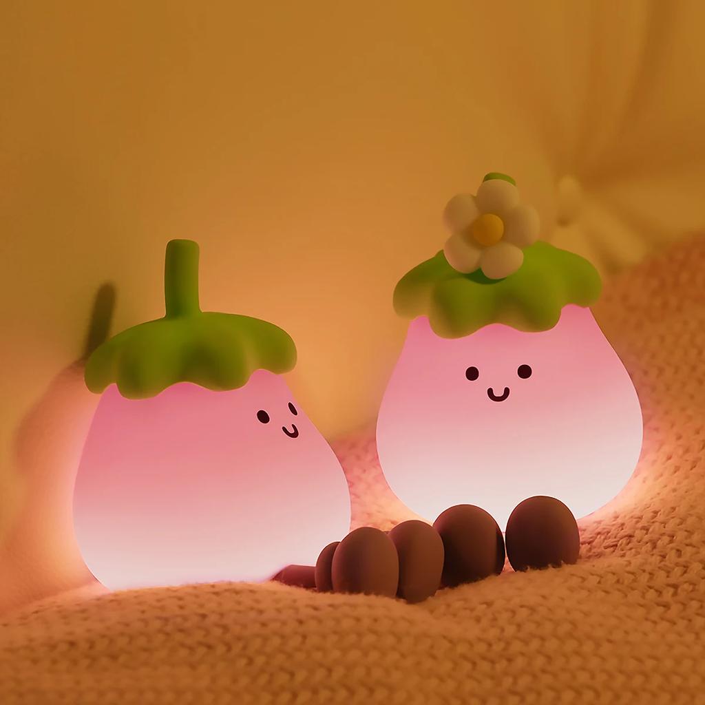 LED Cute Night Light for Kids, Soft Silicone Cartoon Night Lamp, Pink Eggplant Shape with Smile-Battery Powered Baby Night Light