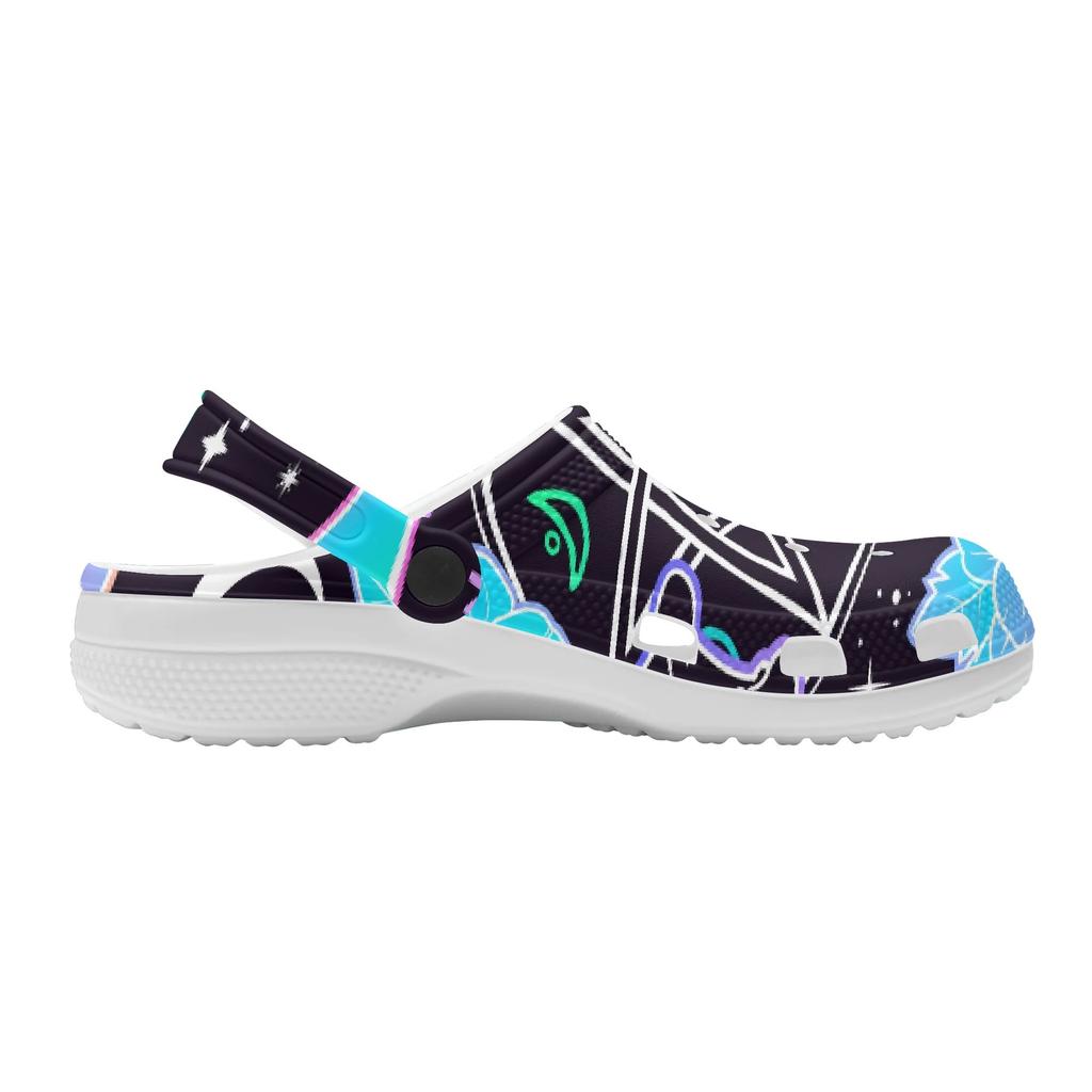 White EVA Clogs with Colorful Eye Print, Lightweight Slip On Garden Shoes, Breathable Beach Sandals, Indoor Outdoor Slippers for Men Women