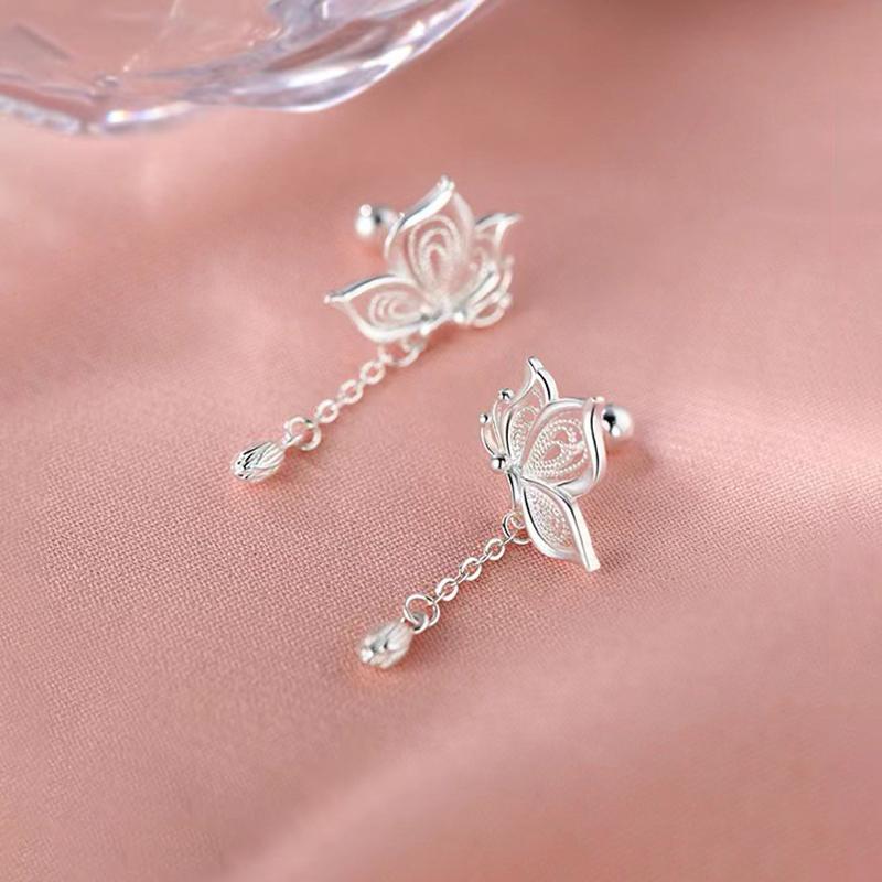 Real 925 Silver Hollow Butterfly Short Tassel Stud Earrings For Women Classic Fine Jewelry Light Luxury Accessories