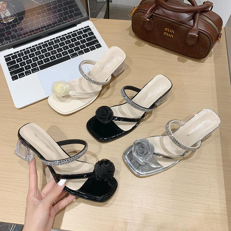 French Style Chunky Heel Rhinestone Slippers Women's Outdoor Summer Fairy Atmosphere Cool Slippers Korean Version Rubber Sole