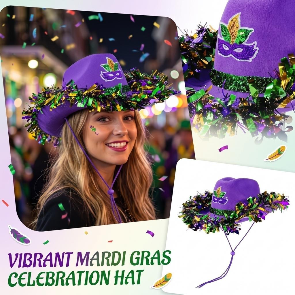 Hat with Purple Gold Green Feathers and Ribbon Trim for Celebrations