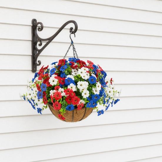 Artificial Outdoor Flower with Hanging Baskets, Red White Blue Fake Flower Planter, Patriotic Decor for 4th of July, Porch Garden