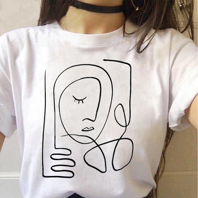 Minimalist Art Line Face European and American Pure Cotton Printed Unisexs and Womens Fashion Tshirt New Personalized Tshirt