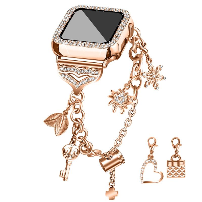For Apple Watch Series 6/5/4/SE (2022)/SE 40mm Bracelet Watch Band Rhinestone Decor Pendant Metal Strap with PC Half Protective Frame Cover