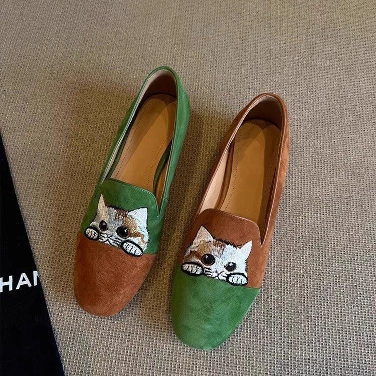 Fashion Luxury Designer Women's Retro Kitten Flats Slip-On Bean Style Comfortable Bean Shoes Cat Round Toe Shoes Internal Height 4cm