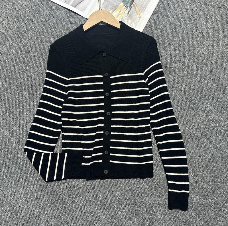 Zhao Lusi & Bai Lu French Stripe Polo Collar Knit Cardigan - Women's Autumn Style Base Layer Top