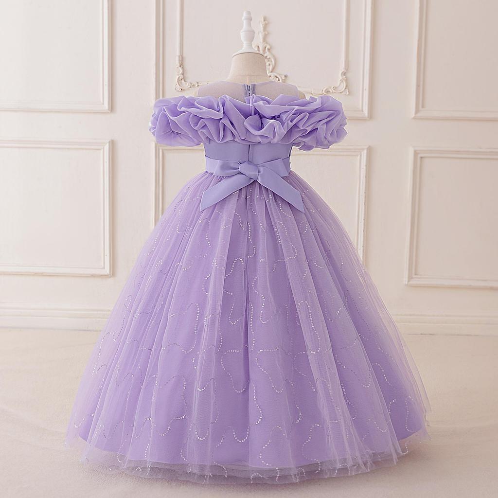 Abito da Principessa Ricamato con Perle per Bambina 4-12 Anni Moda Spalle Scoperte Manica a Sbuffo Abito in Rete Compleanno Matrimonio Damigella