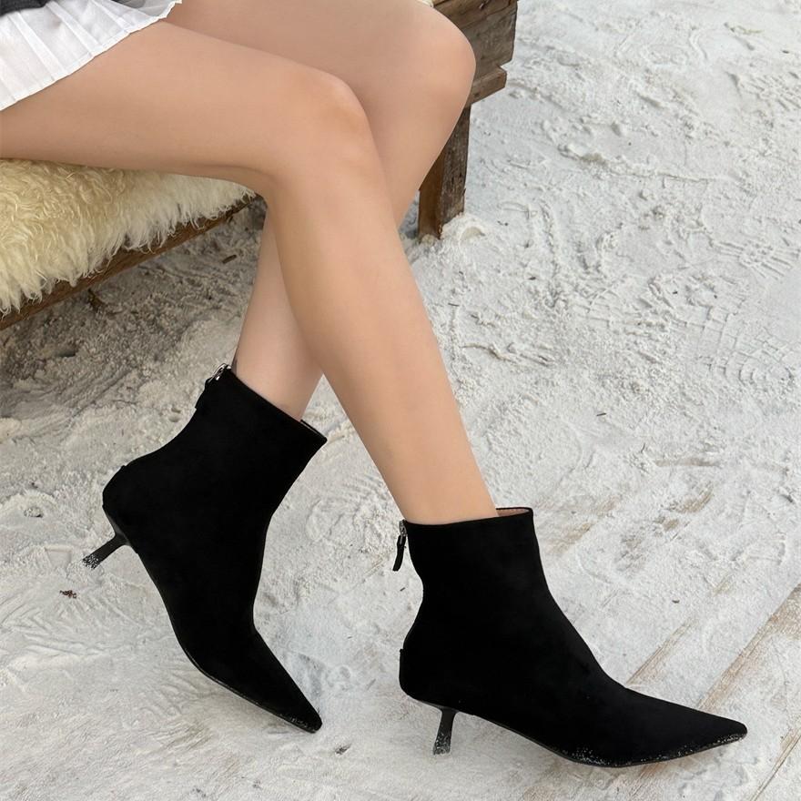 Thin Heel Suede Pointed Short Boots Women's 2025 Autumn and Winter New Korean Version Thin Boots Socks Boots Women's Boots Zipper Elastic Boots