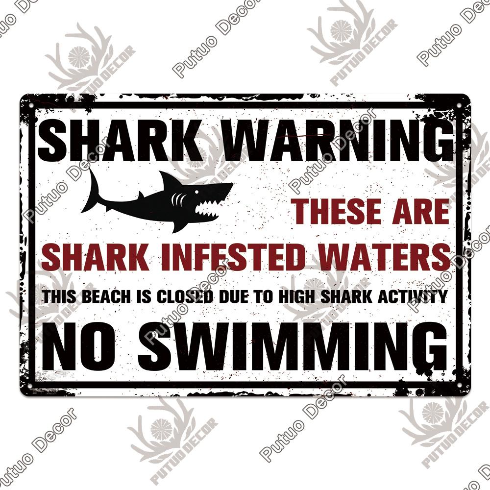 Putuo Decor Shark Sign Metal Signs Vintage Tin Sign Funny Warning Movie Poster for Bar Pub Kitchen Club Man Cave Wall Decoration