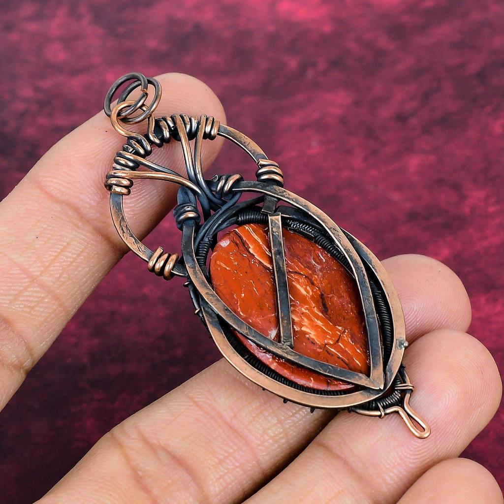 Red Snakeskin Jasper Gemstone Pendant Copper Wire Wrapped Jewelry Gifts For Him