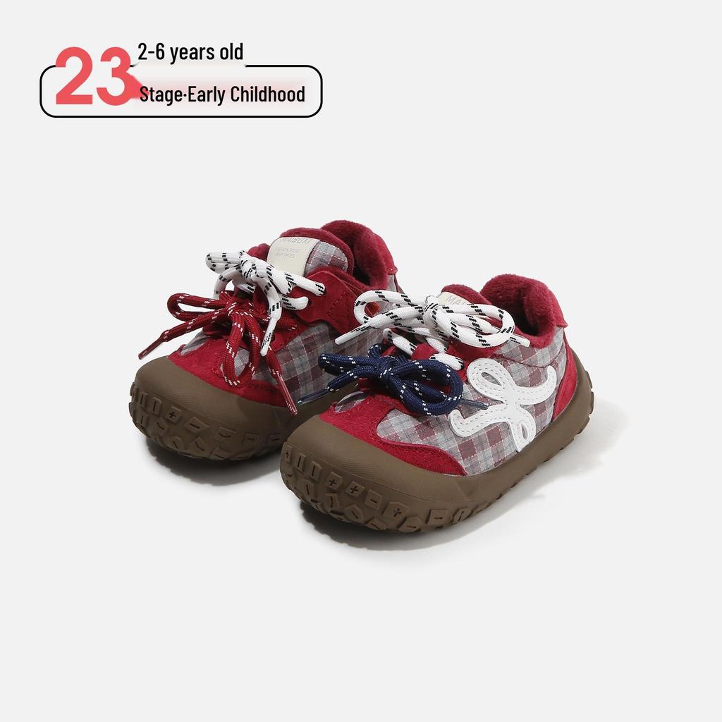 Kids' Cotton Spliced Upper Sports Shoes: Winter Plaid Walking Shoes with Double Shoelaces for Boys and Girls