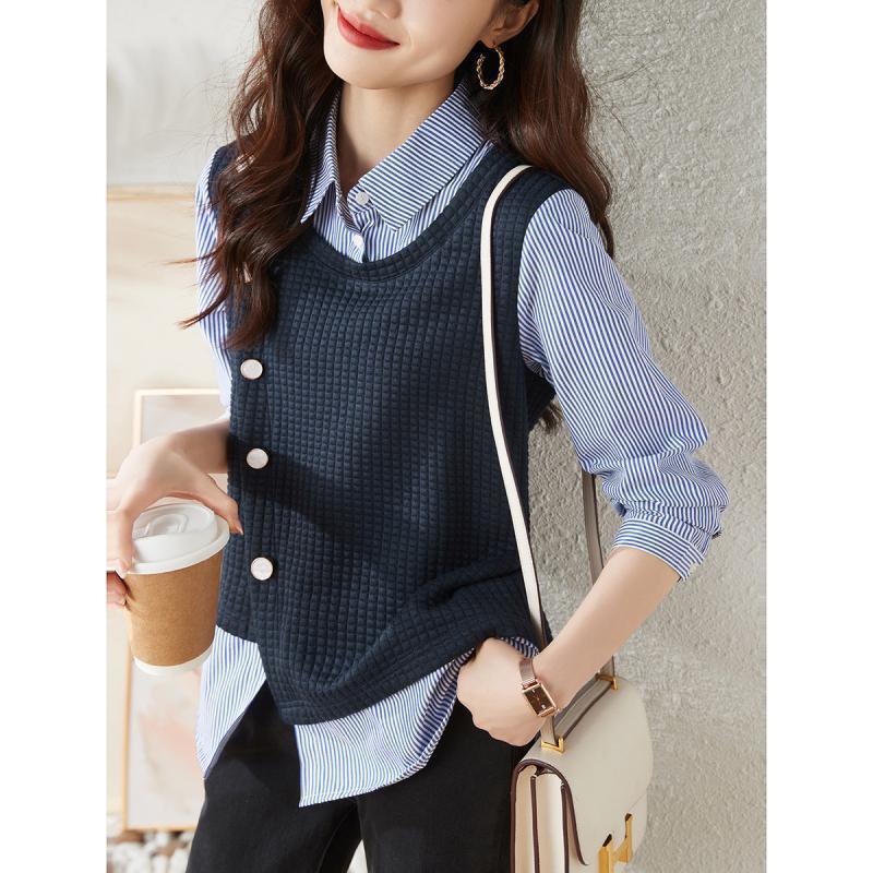 Spring Autumn New Polo-neck Vintage Striped Patchwork Shirt Ladies Long Sleeve Fake Two Pieces Casual Fashion Blouse Women's Top