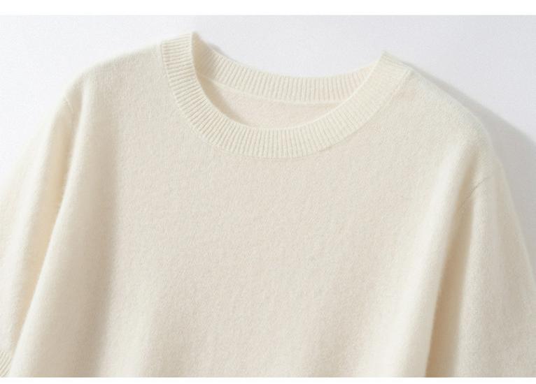 Twelve-Needle Women's Solid Cashmere Knit Pullover: Flat Round Neck, Short-Sleeved, Versatile Design