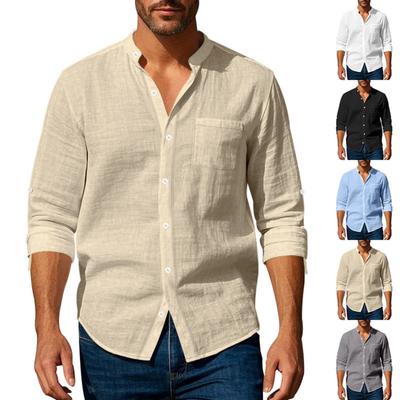 Men's Long Sleeve Linen Shirt Stand Collar Breathable Casual Pocket Shirt Lightweight Summer Top