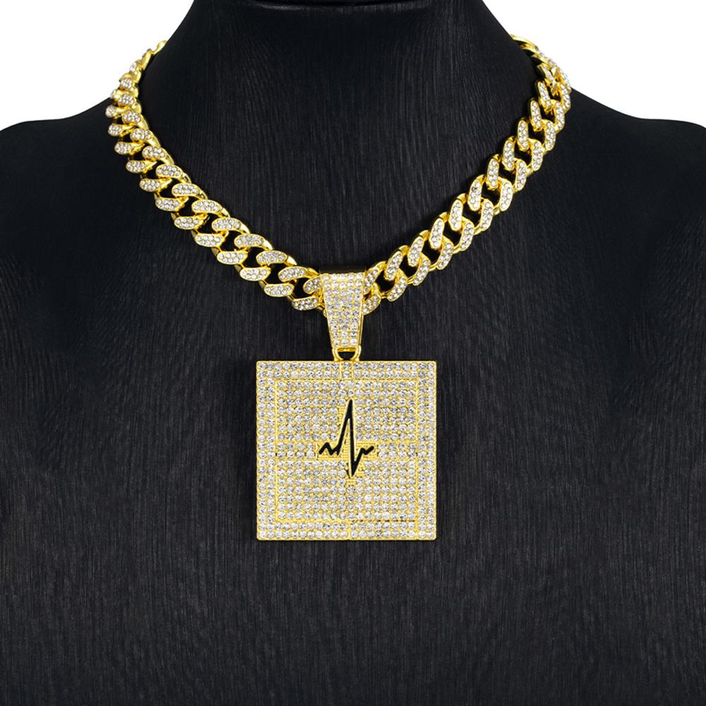 Hip Hop Electrocardiogram Lifeline Geometric Pendant Necklace With 13mm Box Buckle Cuban Chain Necklaces Fashion Jewelry For Men