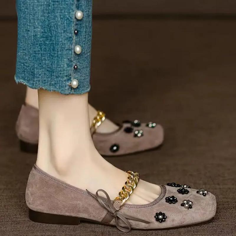 Rhinestone Women's Flat Mary Jane Shoes Square Toe Green Ladies Footwear Low Price 39 Summer 2025 High Quality Fashion Young Y2k
