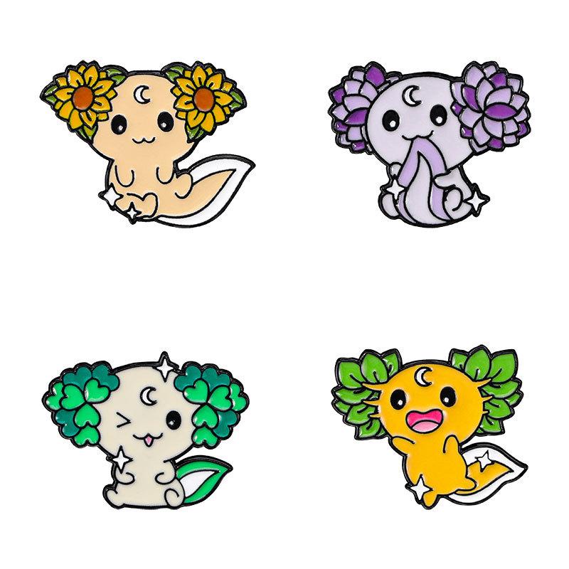 Original Enamel Alloy Brooch Cute Axolotl Flower Animal Pin Badge for Student Backpack Clothes Bag Decoration