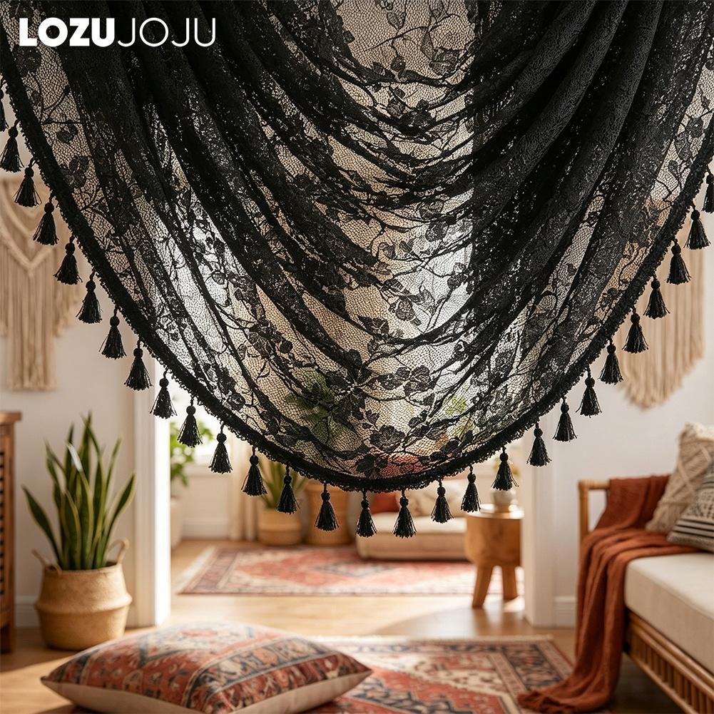 1 Stück LOZUJOJU Französischer Retro Schwarzer Spitzen-Vorhangkopf, Weinreben-Blumen-Jacquard-Quasten-Vorhangkopf für Schlafzimmer Wohnzimmer Fensterdekoration