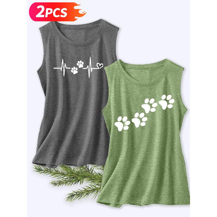 Follow a Specific Direction Two-piece Women's Vest Set Pet Paw Print ECG Print Elegant Summer Party Outfits Sleeveless Vest Essential Fashion Items