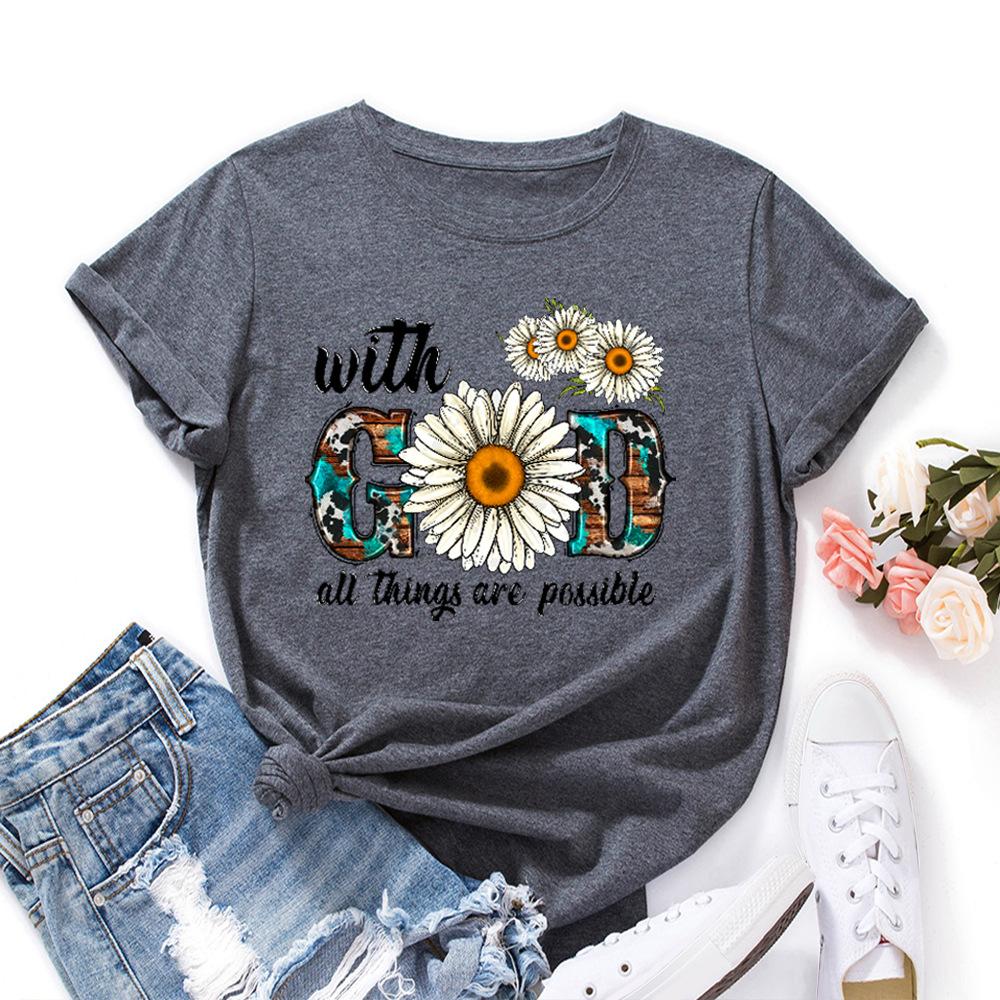 Cotton T-Shirt Short Sleeve Round Neck Women 2d Print Tops