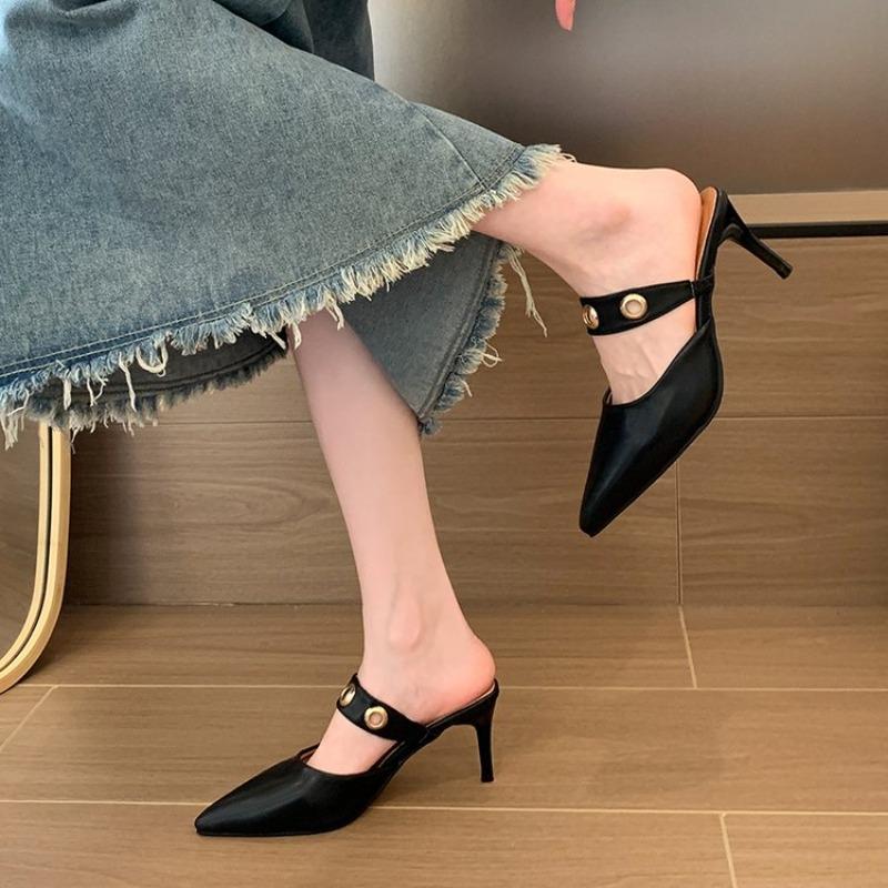 Mode Größe 34-41Damen Kitten Heels Pantoletten Goldene Nieten Spitz Sommer Sandalen Mode Beige Damen Lässige Mittelhohe Absätze Schuhe