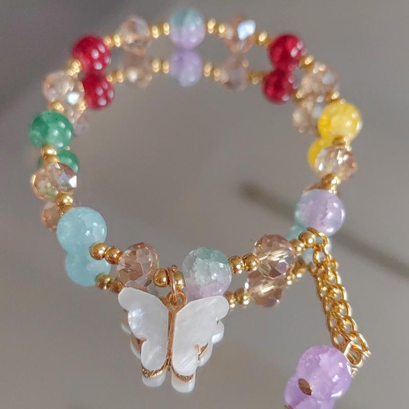 New Sweet Fashion Butterfly Pendant Tassel Imitation Jade Cracked Crystal Elastic Beaded Bracelet for Women Girl Zircon Gifts