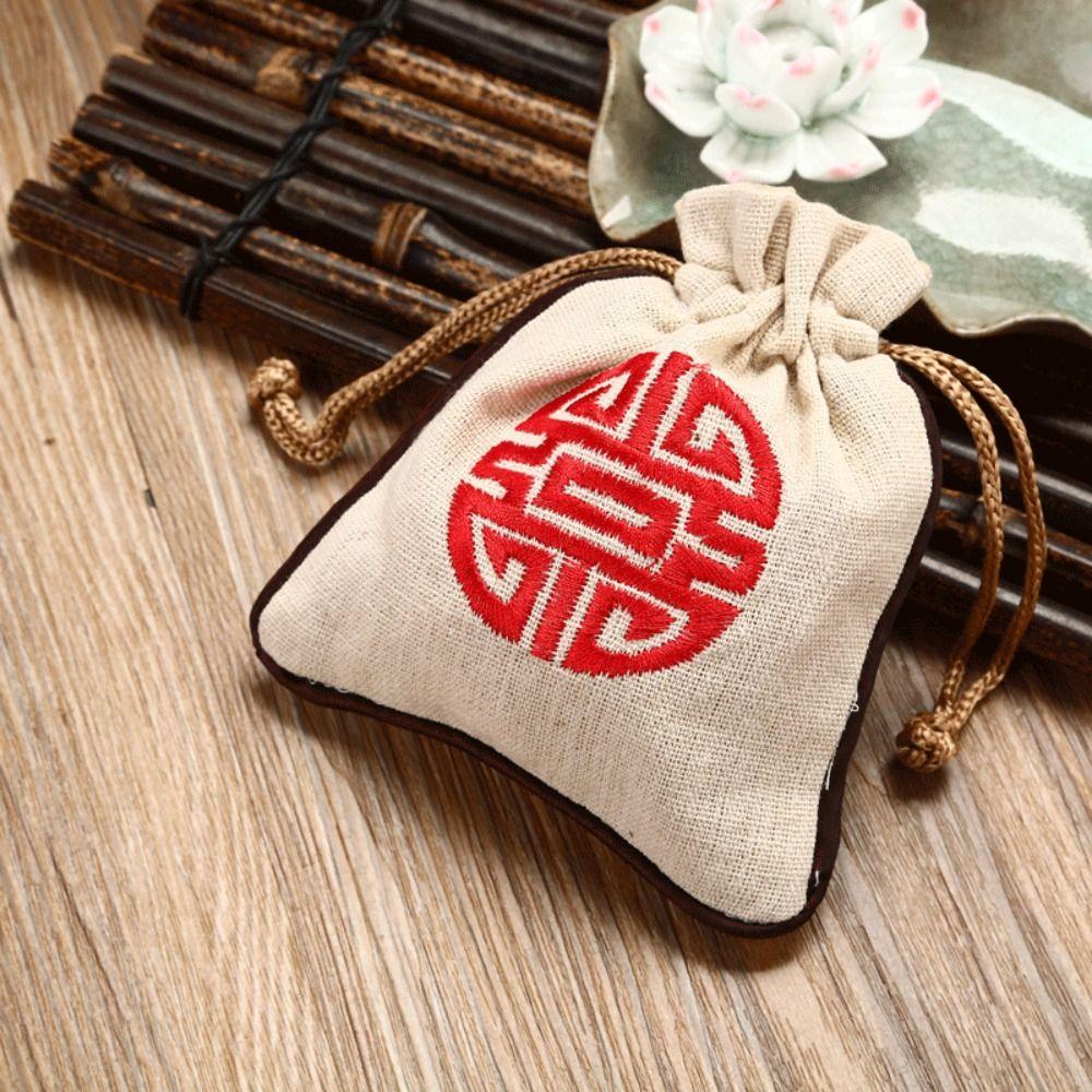 Pure Color Embroidery Drawstring Bag Canvas Festive Sugar Bag Retro Small Linen Handbag  Daily