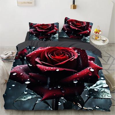 Set Copripiumino Rosa Rossa Set Biancheria da Letto Floreale 3D Copripiumino Fiori Fioriti 3D Federe Matrimoniale/Queen Size