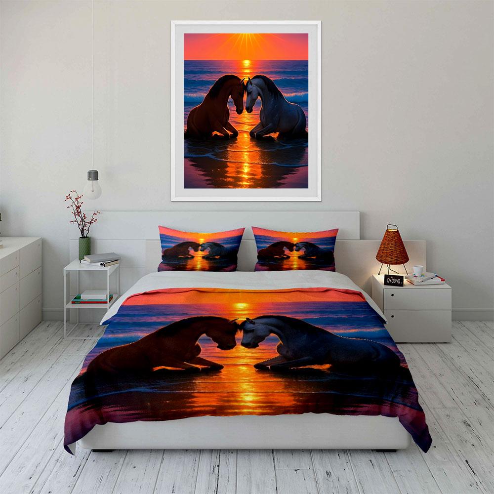 Romantic Sunset Horse Decor Set Bedding Set with 1 Duvet Cover 2 Pillowcases Single Double King Queen, Gift