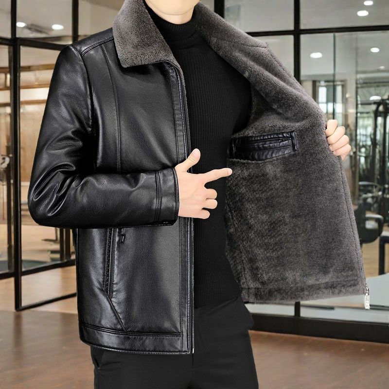 New leather jacket men's lapel collar fleece thickened cold-proof and warm autumn and winter jacket