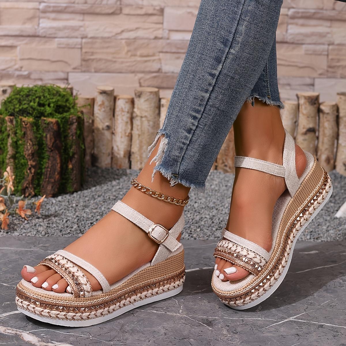 

Women S Espadrille Wedge Sandals with Braided Rope and Rivet Details – Comfortable Open Toe Platform Heels, Beige and Brown Color Scheme Size 36 бежевый