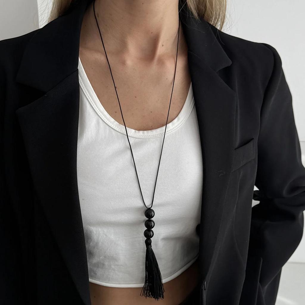 Ingemark Trendy Simple Black Acrylic Round Beads Long Necklace for Women Vintage Adjustable Rope Chain New Jewelry Accessories