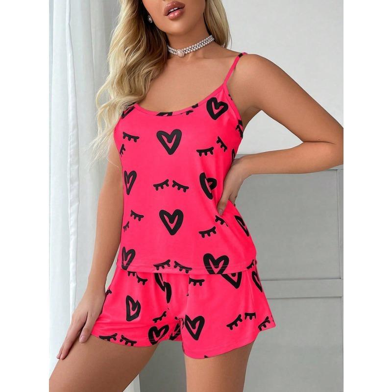 Women's Casual Heart Pattern Dark Pink Pajama Set
