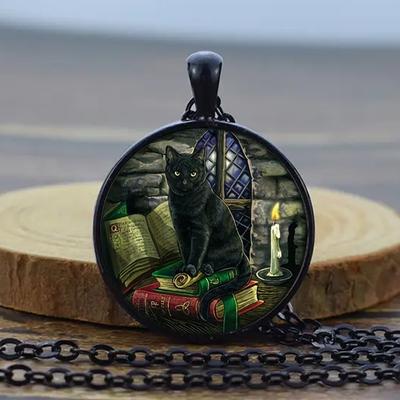 Witchcraft Black Cat Glass Cabochon Pendant Necklace Women's Necklace Jewelry