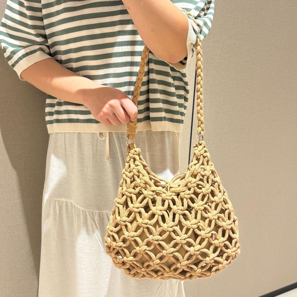 Summer Chic Solid Color Mesh Handbag Hollow Out Knitted Shoulder Bag Beach Tote Bag for Women