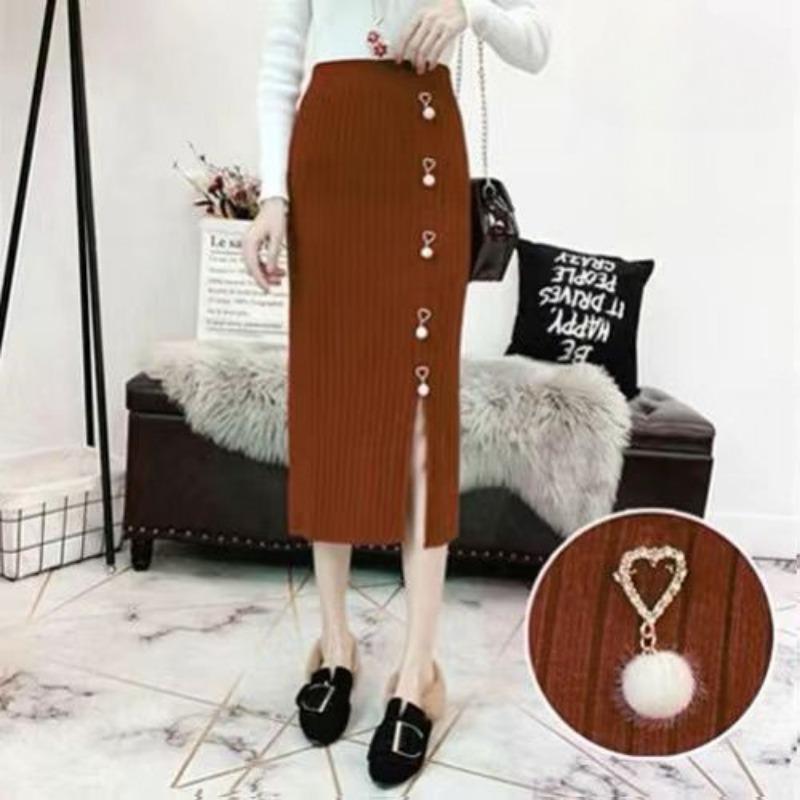 Gestrickter figurbetonter Damenrock für Frühling und Herbst mit Schlitz, Bleistiftrock, lang, vielseitiger Midi-Halbrock