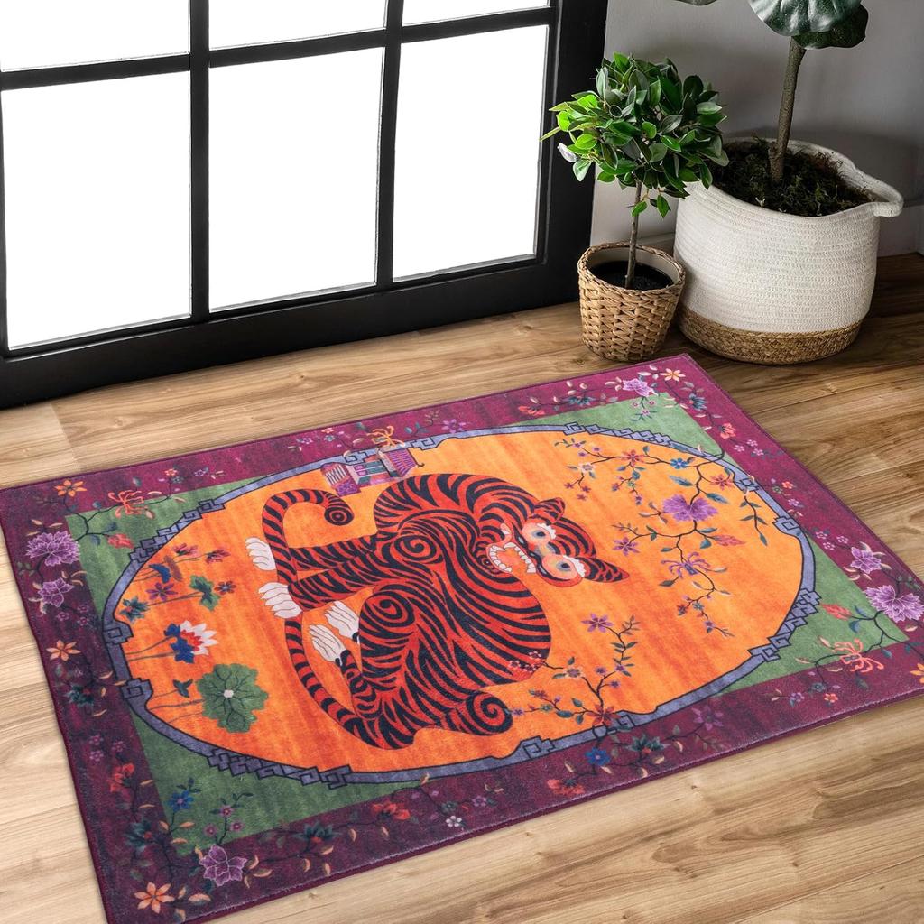 Rectangular Tiger Patterned Tropical Leaf Door Mat for Home Decoration Pink Anti Slip Mat for Living Room Home Decoration Carpet