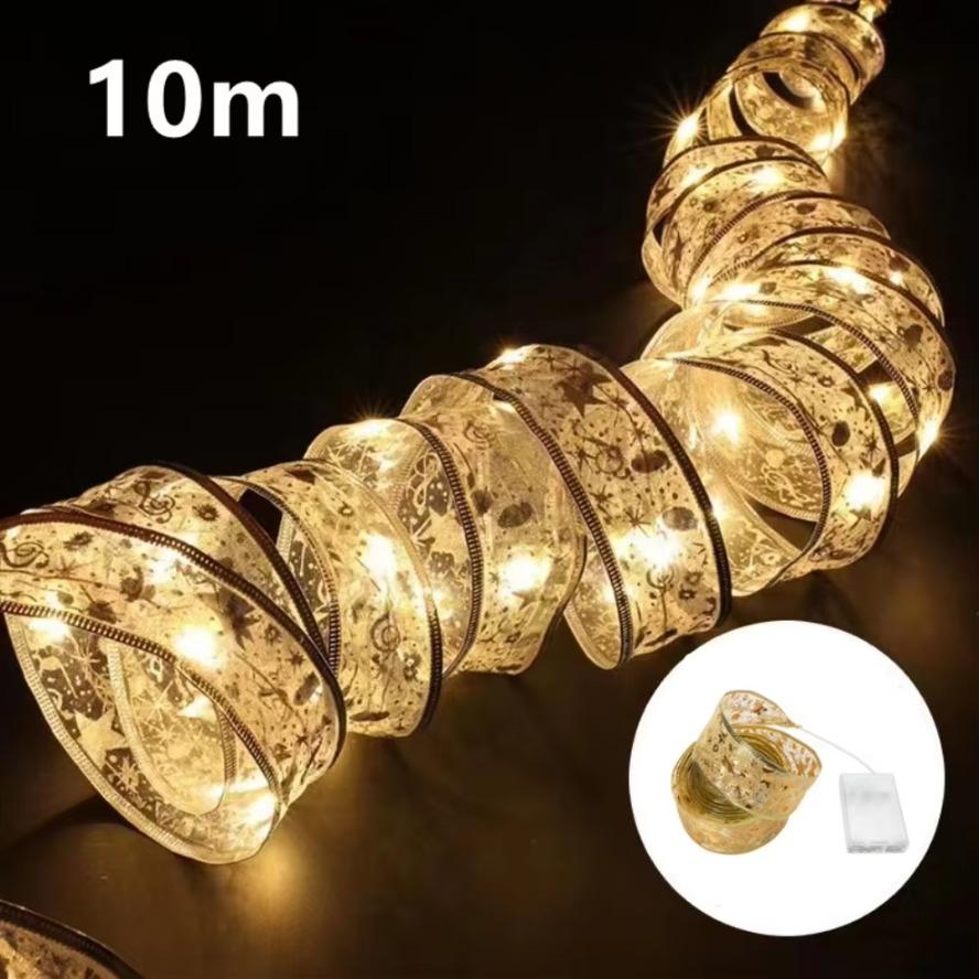 LED Ribbon Decoration Lights 10m Christmas Tree Decoration Ornaments Lace Bows String Lights Navidad Home Decors New Year 2025