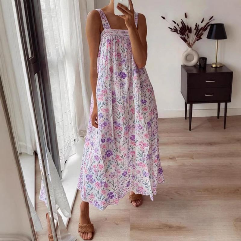 Frühling Sommer Polka Dot Print Träger-Maxikleid Ärmellos Quadratischer Ausschnitt Lockerer Sitz Strandkleid
