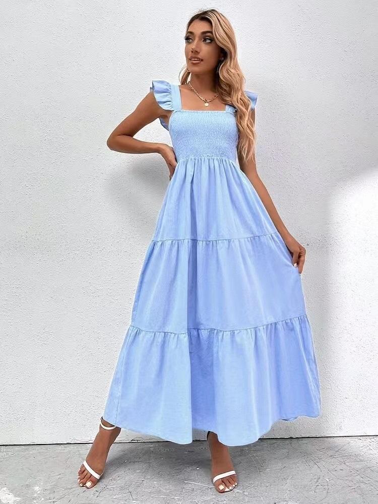 2026 Summer Square Collar Ruffles Sleeve Dress Women's Casual Elegant Solid Patchwork Pleated Empire Lady Party Dress Vestidos