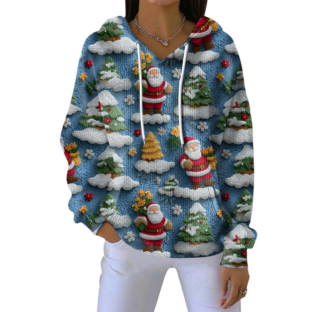 Women's Loose Comfortable Casual Fashion V-Neck Christmas Print Long Sleeve Hoodie